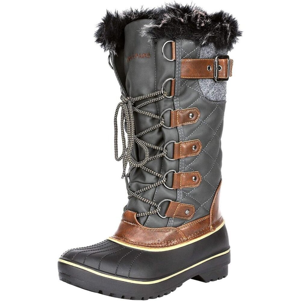 Women's Khakhi Warm Faux Fur Lined Mid Calf Winter Snow Boots